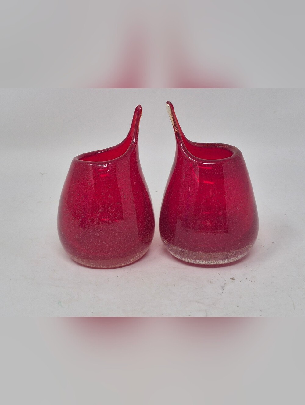 Vintage MCM Hand Blown Red Bubble Seed Glass Beak Pitcher Vase